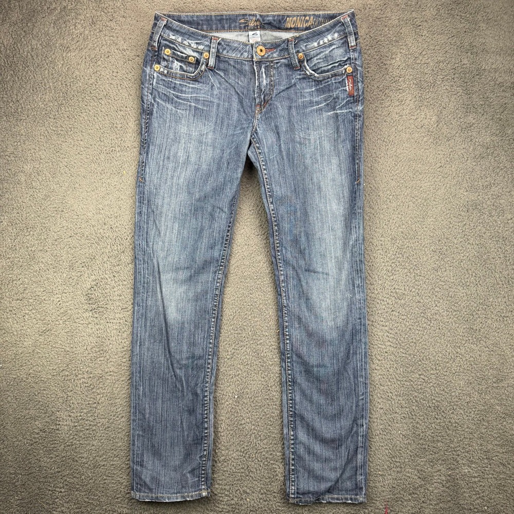 Silver Jeans Monica Skinny Womens 31x33 Blue Denim Low Rise Distressed